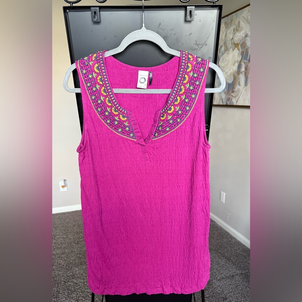 Anthropologie Magenta Embroidered Tank Top